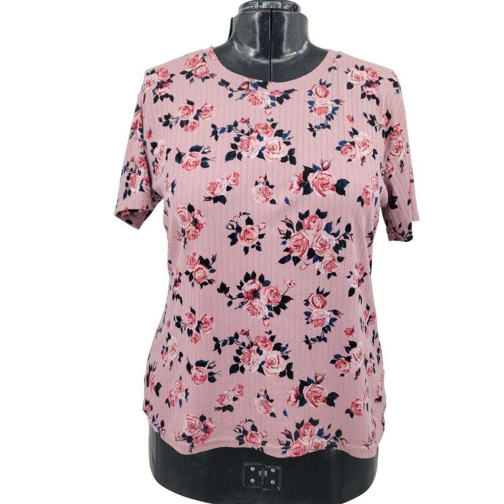 Pink Floral Ribbed Knit Tee Women 3X Short Sleeve Top Cottagecore Feminine Soft